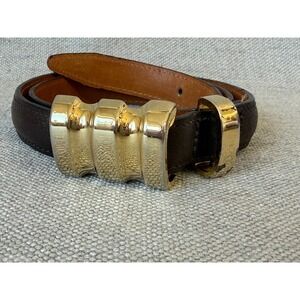 Vintage Joan & David Brown Leather Belt Gold Sculptural Buckle Minimalist Waist